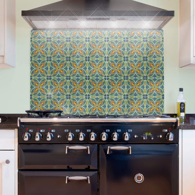 Thistle Arts & Crafts Glass Splashback - sage green, orange and dark blue