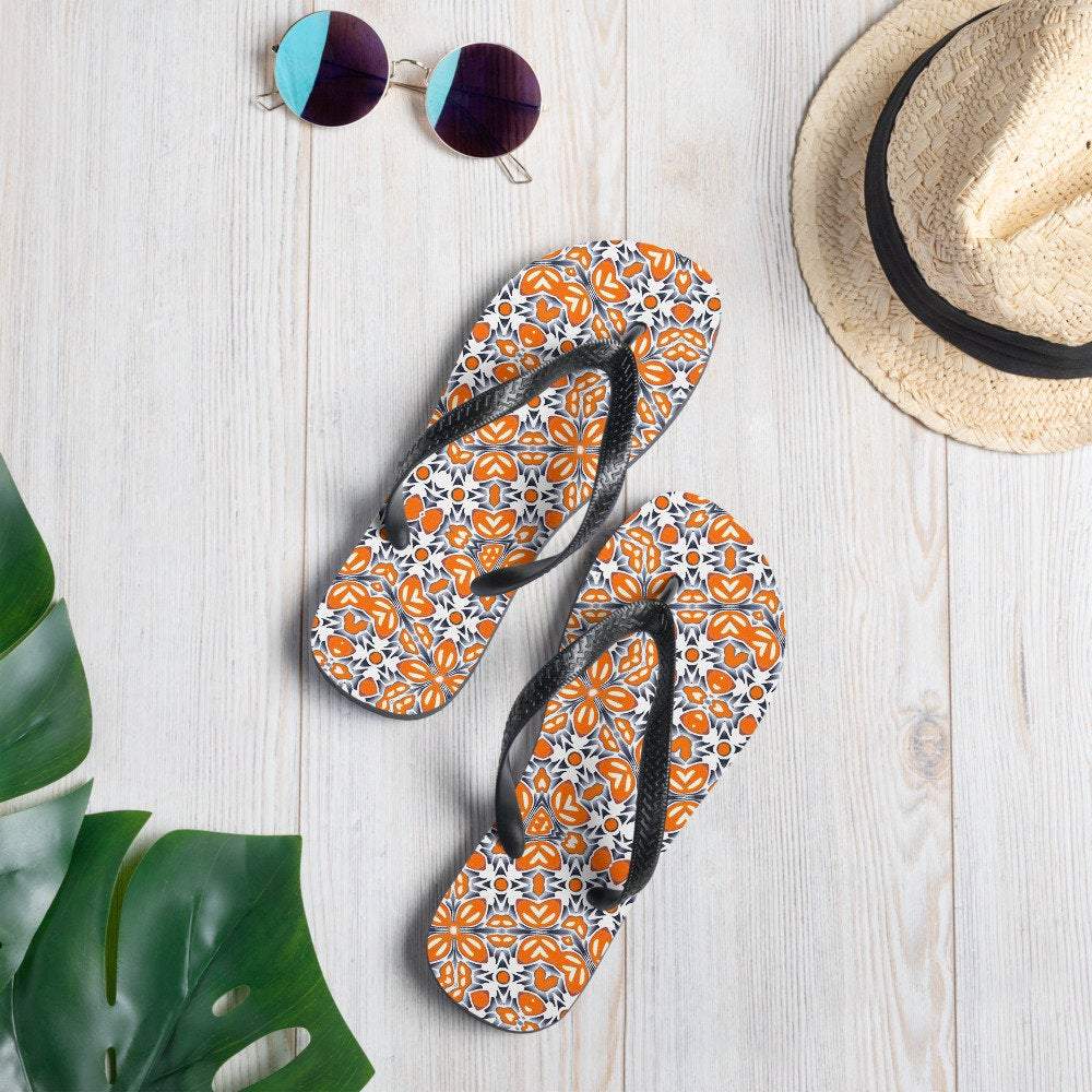 Orange Grey Flower Flip Flops bright cheerful beach sandals designer DoodlePippin